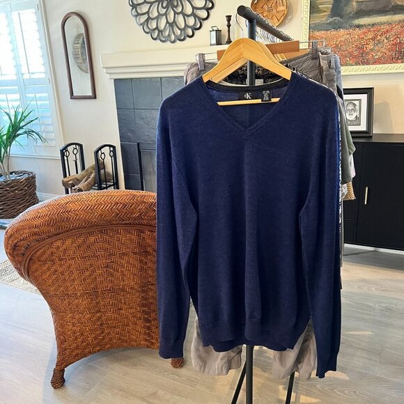 Calvin Klein Sweater Mens Size XL Navy 100% Extra Fine Merino Wool V Neck - Picture 16 of 16